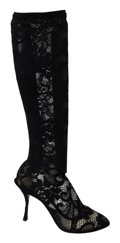 Dolce & Gabbana Taormina Stretch Sock Boots – Black Lace High Heel Pumps for Women