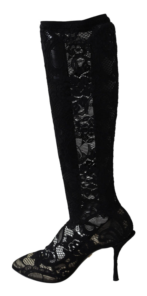 Dolce & Gabbana Taormina Stretch Sock Boots – Black Lace High Heel Pumps for Women