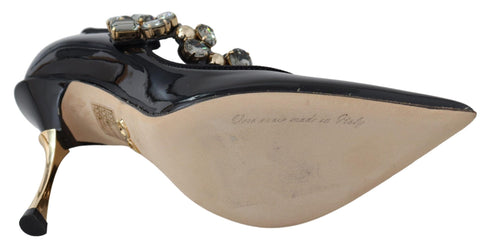 Dolce & Gabbana Crystal Mary Jane Pumps – Black Leather Heels with Gold Detail for Women