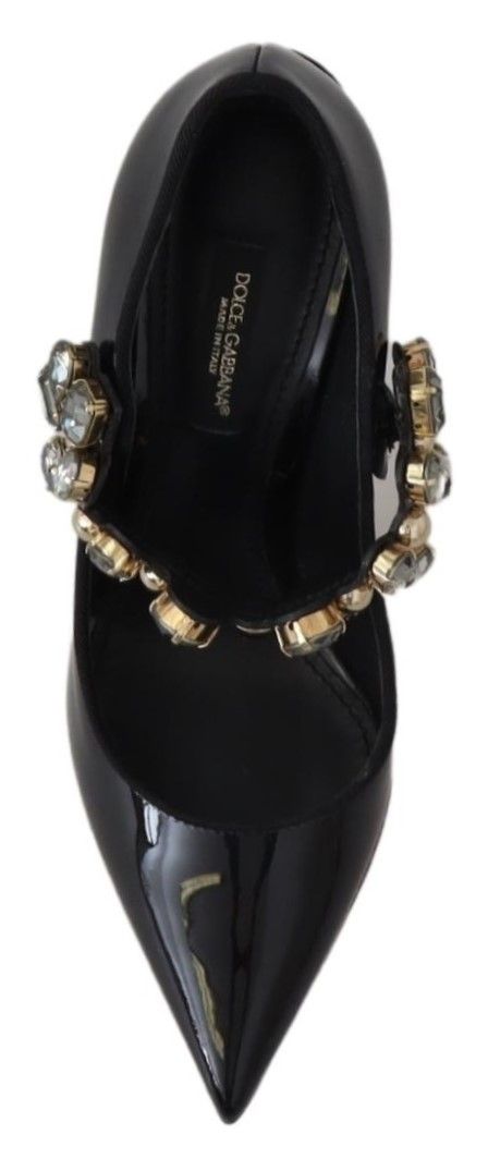 Dolce & Gabbana Crystal Mary Jane Pumps – Black Leather Heels with Gold Detail for Women