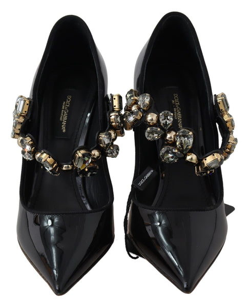Dolce & Gabbana Crystal Mary Jane Pumps – Black Leather Heels with Gold Detail for Women