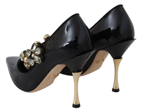 Dolce & Gabbana Crystal Mary Jane Pumps – Black Leather Heels with Gold Detail for Women
