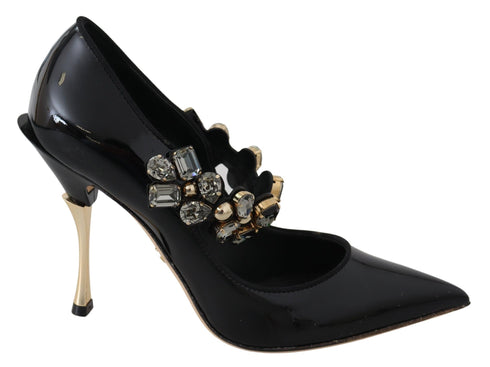 Dolce & Gabbana Crystal Mary Jane Pumps – Black Leather Heels with Gold Detail for Women