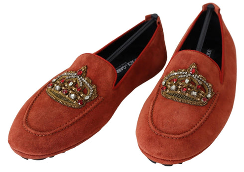 Dolce & Gabbana Orange Leather Crystal Crown Loafers Shoes