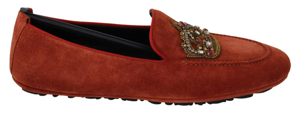 Dolce & Gabbana Orange Leather Crystal Crown Loafers Shoes