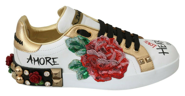 Dolce & Gabbana Rose Sneakers – White Leather & Crystals – Floral Women’s Shoes