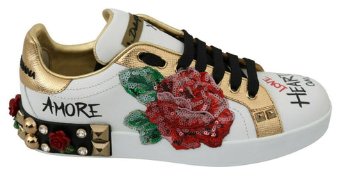 Dolce & Gabbana Rose Sneakers – White Leather & Crystals – Floral Women’s Shoes
