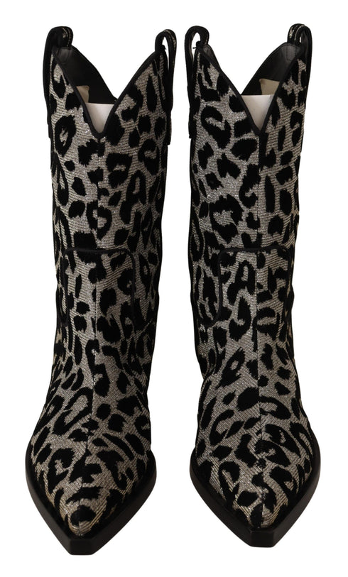 Dolce & Gabbana Leopard Cowboy Boots – Black & Gray Mid-Calf Women's Boots