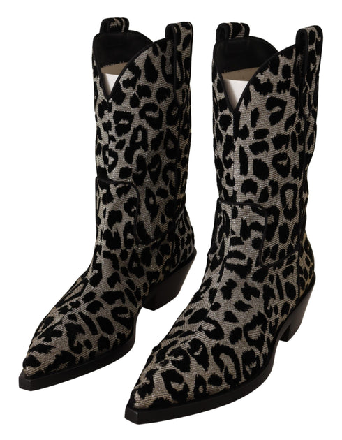 Dolce & Gabbana Leopard Cowboy Boots – Black & Gray Mid-Calf Women's Boots