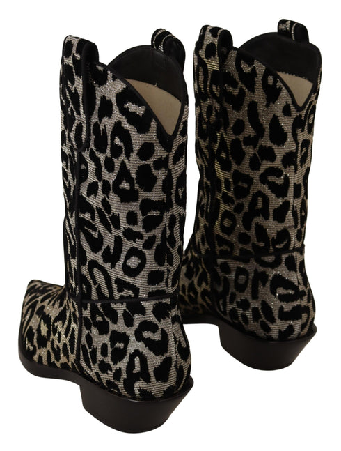 Dolce & Gabbana Leopard Cowboy Boots – Black & Gray Mid-Calf Women's Boots