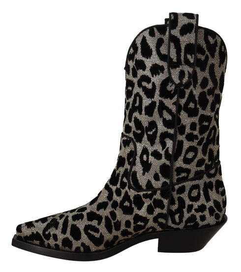 Dolce & Gabbana Leopard Cowboy Boots – Black & Gray Mid-Calf Women's Boots