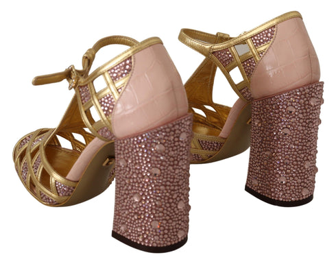 Dolce & Gabbana Pink Gold T-Strap Crystal Leather Pumps – Women’s