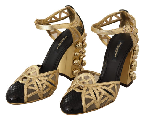 Dolce & Gabbana Women's Black & Gold Leather Ankle Strap Studded Heels Shoes