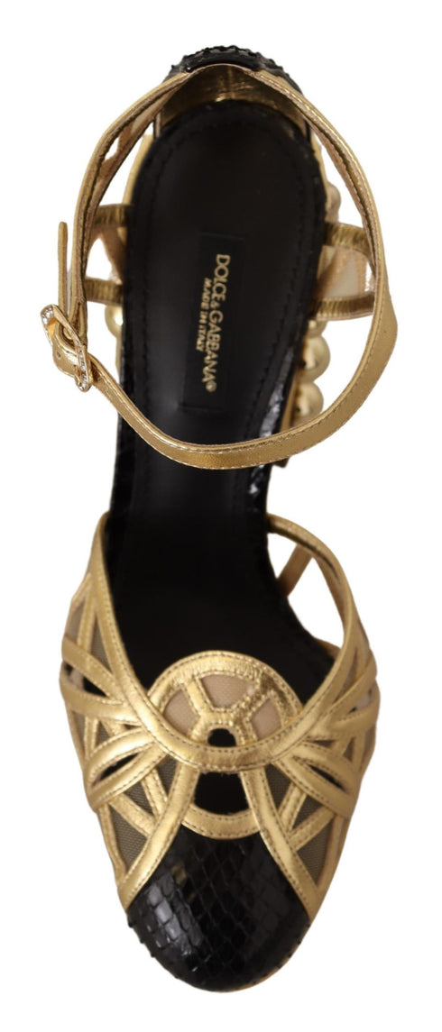 Dolce & Gabbana Women's Black & Gold Leather Ankle Strap Studded Heels Shoes