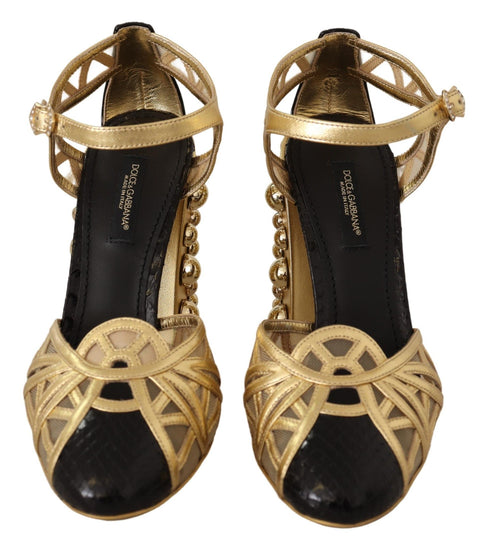 Dolce & Gabbana Women's Black & Gold Leather Ankle Strap Studded Heels Shoes