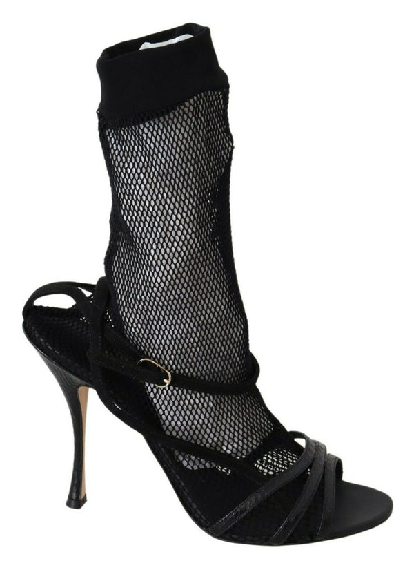 Dolce & Gabbana Short Boot Sandals – Black Suede & Mesh Heels for Women