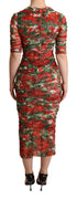 Dolce & Gabbana Red Floral Print Tulle Sheath Midi Dress