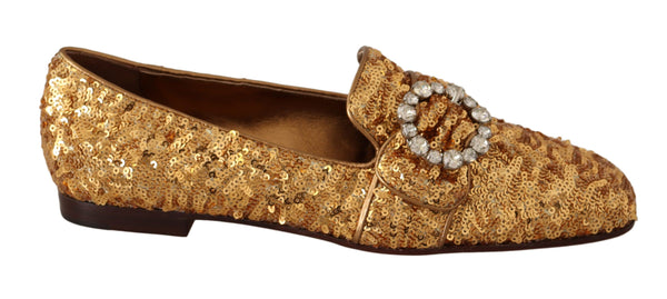 Dolce & Gabbana Gold Sequin Crystal Loafers – Women’s Flat Slip-On Shoes
