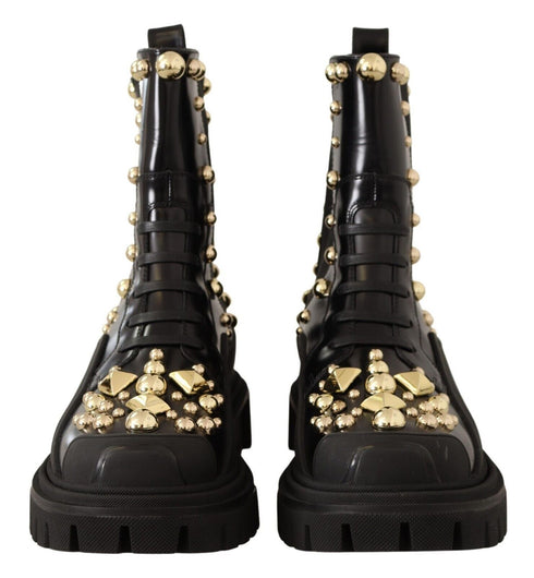 Dolce & Gabbana Black Leather Studded Combat Boots – Gold Detail Women’s Boots
