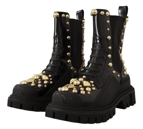 Dolce & Gabbana Black Leather Studded Combat Boots – Gold Detail Women’s Boots