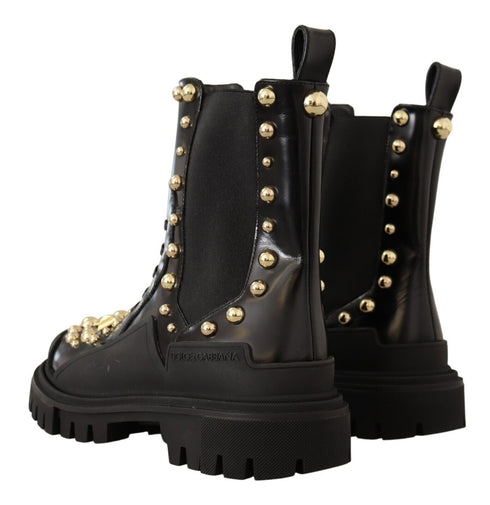 Dolce & Gabbana Black Leather Studded Combat Boots – Gold Detail Women’s Boots