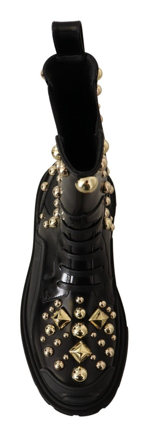 Dolce & Gabbana Black Leather Studded Combat Boots – Gold Detail Women’s Boots