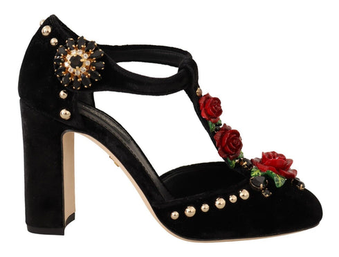 Dolce & Gabbana Black Velvet Mary Jane T-Strap Pumps with Roses & Crystals – Women’s Heels