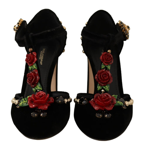 Dolce & Gabbana Black Velvet Mary Jane T-Strap Pumps with Roses & Crystals – Women’s Heels