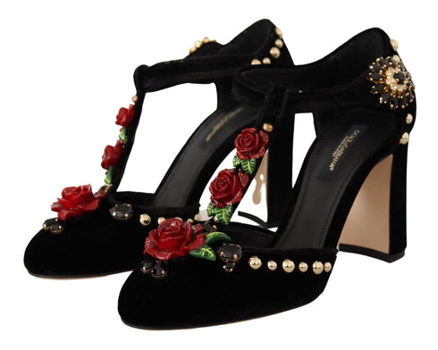 Dolce & Gabbana Black Velvet Mary Jane T-Strap Pumps with Roses & Crystals – Women’s Heels