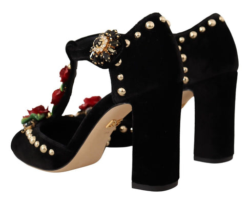 Dolce & Gabbana Black Velvet Mary Jane T-Strap Pumps with Roses & Crystals – Women’s Heels