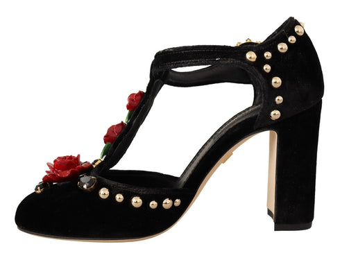 Dolce & Gabbana Black Velvet Mary Jane T-Strap Pumps with Roses & Crystals – Women’s Heels
