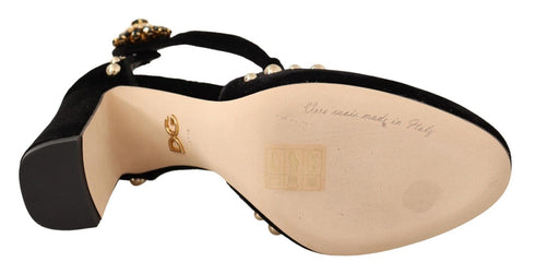Dolce & Gabbana Black Velvet Mary Jane T-Strap Pumps with Roses & Crystals – Women’s Heels