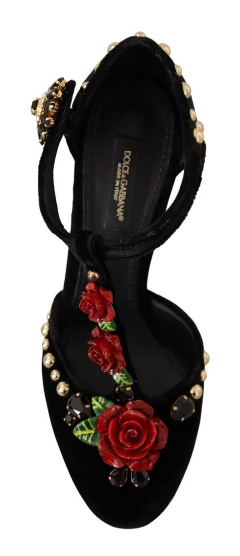 Dolce & Gabbana Black Velvet Mary Jane T-Strap Pumps with Roses & Crystals – Women’s Heels