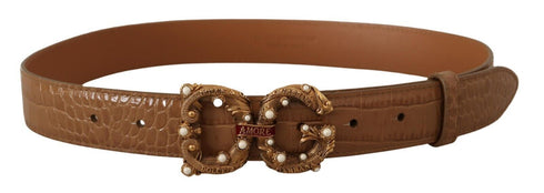 Dolce & Gabbana Brown Crocodile Pattern Leather Logo Amore Belt