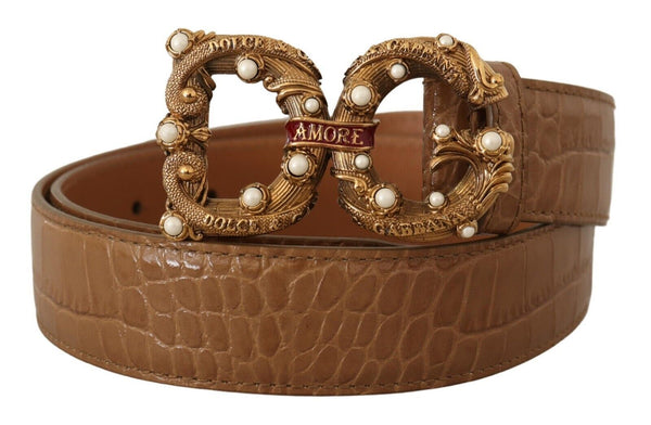 Dolce & Gabbana Brown Crocodile Pattern Leather Logo Amore Belt