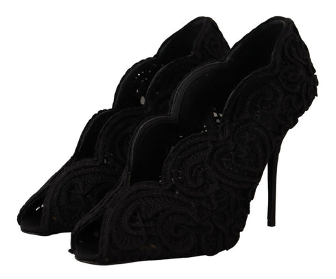 Dolce & Gabbana Black Suede Cordonetto Ricamo Open Toe Heels Pumps for Women