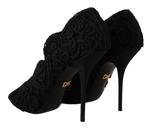 Dolce & Gabbana Black Suede Cordonetto Ricamo Open Toe Heels Pumps for Women