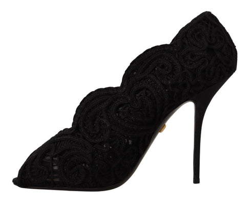 Dolce & Gabbana Black Suede Cordonetto Ricamo Open Toe Heels Pumps for Women