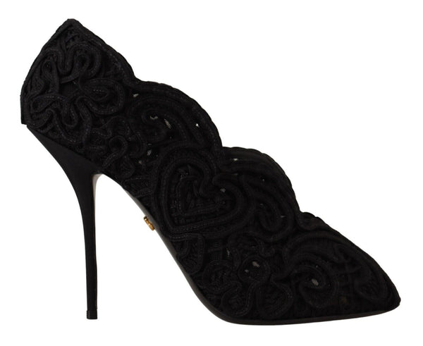 Dolce & Gabbana Black Suede Cordonetto Ricamo Open Toe Heels Pumps for Women