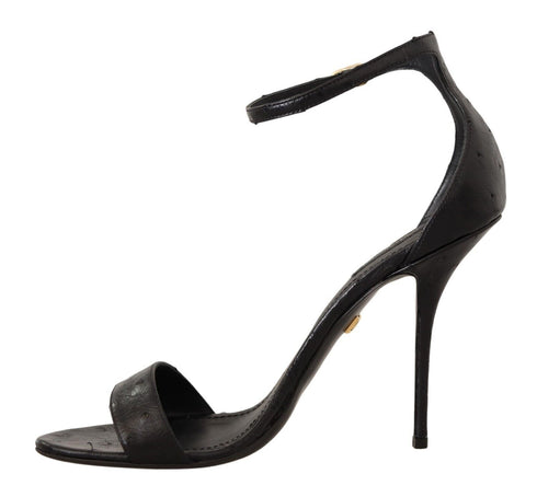Dolce & Gabbana Black Ostrich Leather Stiletto Ankle Strap Heels - Women’s