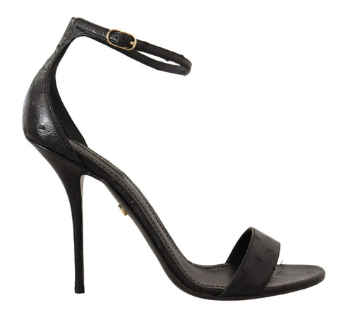 Dolce & Gabbana Black Ostrich Leather Stiletto Ankle Strap Heels - Women’s