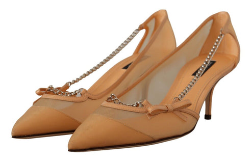 Dolce & Gabbana Chain Heels – Peach Mesh & Leather Pumps for Women