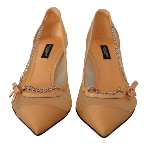 Dolce & Gabbana Chain Heels – Peach Mesh & Leather Pumps for Women