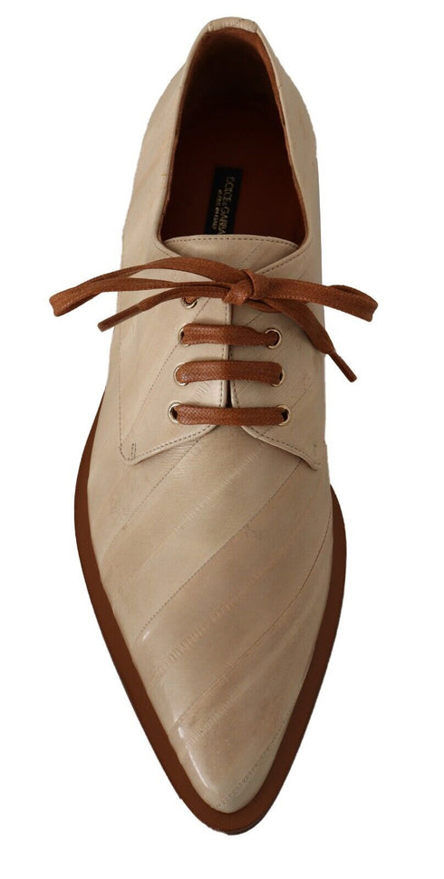 Dolce & Gabbana Beige Eel Leather Lace-Up Formal Flats – Luxury Shoes