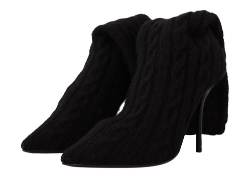 Dolce & Gabbana Cable Knit Sock Boots – Black Stretch Knee-High Booties for Women