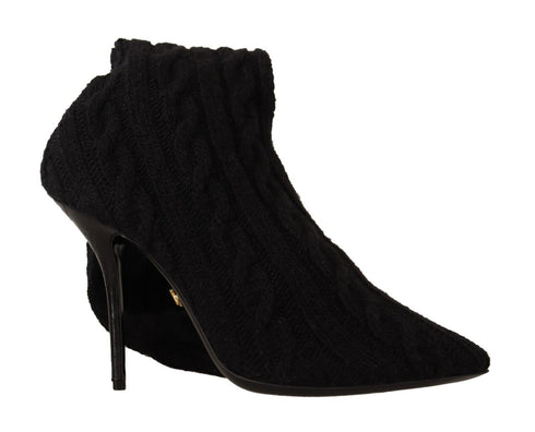 Dolce & Gabbana Cable Knit Sock Boots – Black Stretch Knee-High Booties for Women