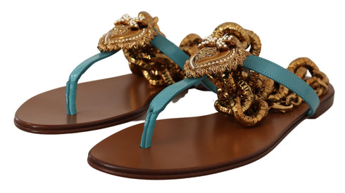 Dolce & Gabbana Blue Leather Devotion Gladiator Flat Sandals – Women's Gold Chain Embellished Flats