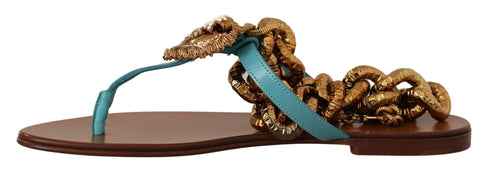 Dolce & Gabbana Blue Leather Devotion Gladiator Flat Sandals – Women's Gold Chain Embellished Flats