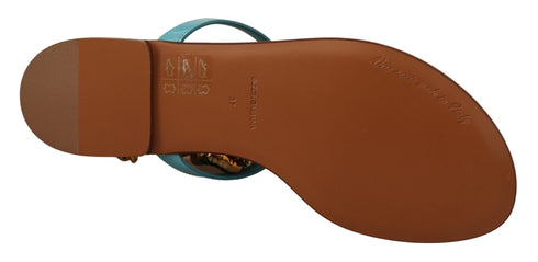 Dolce & Gabbana Blue Leather Devotion Gladiator Flat Sandals – Women's Gold Chain Embellished Flats