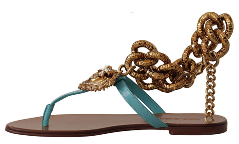 Dolce & Gabbana Blue Leather Devotion Gladiator Flat Sandals – Women's Gold Chain Embellished Flats